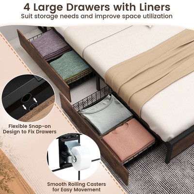 Queen Size Vintage Brown Bed Frame with Bookcase Headboard and Storage Drawers