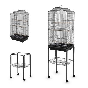 Multi-Level Rolling Bird Cage with Storage Shelf, 59.8" Metal Parrot Cage, 4 Access Doors, Removable Tray, Perches, Food Bowls, Detachable Stand - 1 of 4