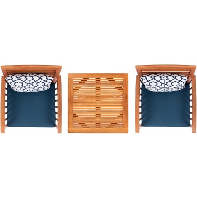 Natural Eucalyptus 3-Piece Bar Height Bistro Set with Navy Cushions