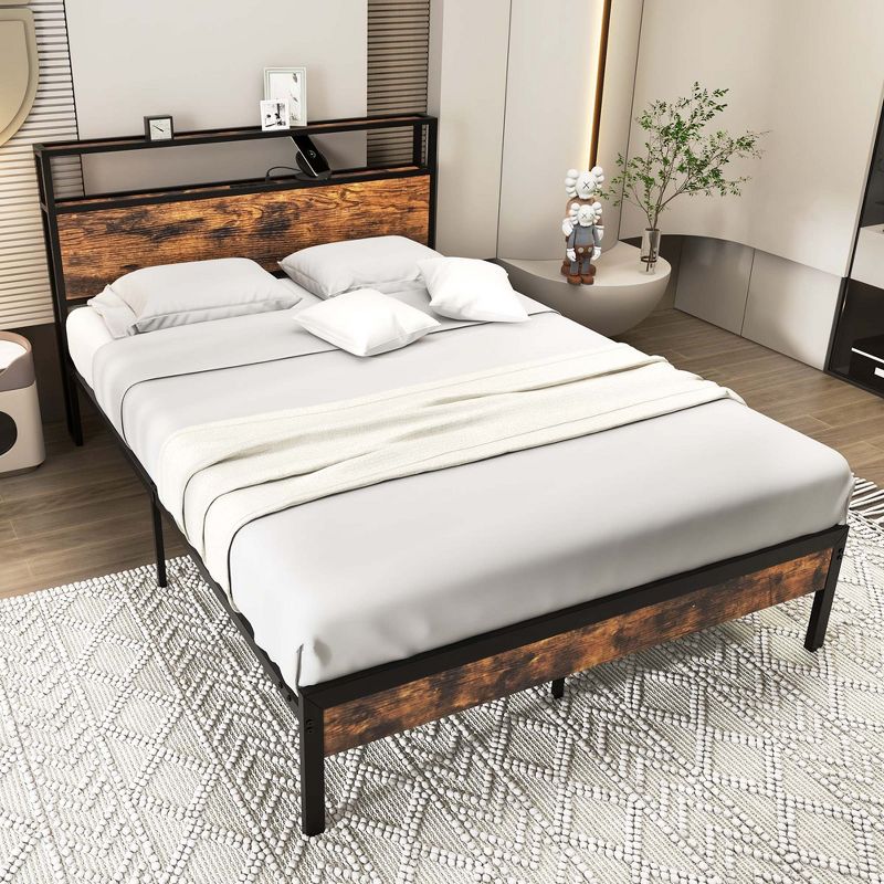 Costway Twin/Full/Queen Bed Frame with Storage Headboard Charging Station 18W USB C Port Rustic Brown, 3 of 11