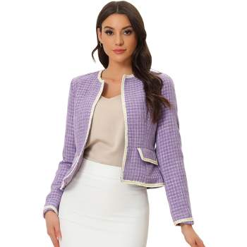 Allegra K Women's Long Sleeve Open Front Work Office Short Plaid Tweed Blazer