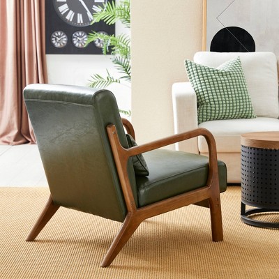 Green Faux Leather Mid-Century Modern Accent Chair with Walnut Wood Frame
