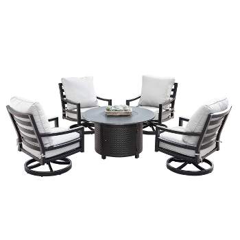 5pc Outdoor Fire Table Set with Hammered 44" Round Fire Table, 4 Deep Seating Swivel Rocking Chairs & Table Fabric Covers - Oakland Living