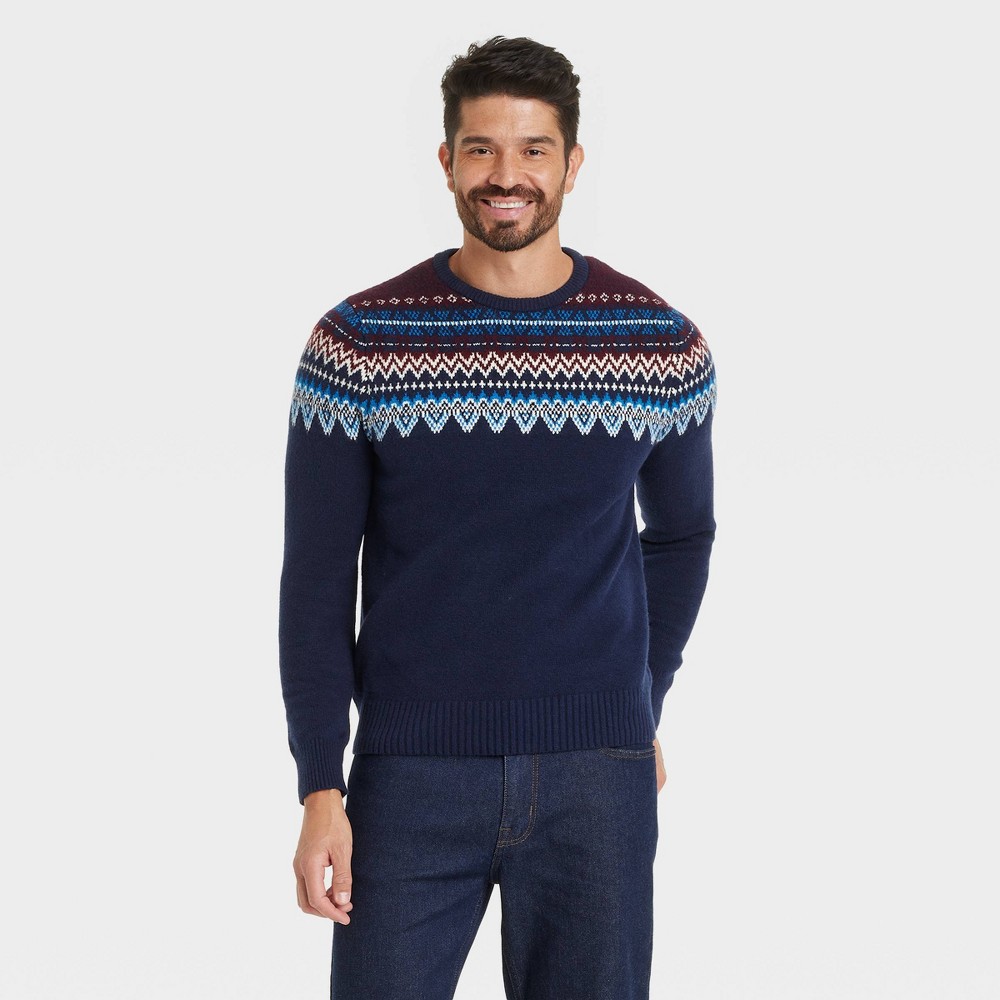 Men's Fair Isle Holiday Crewneck Pullover Sweater - Goodfellow & Co Navy Blue M