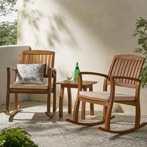 GDFStudio Amber Outdoor Acacia Wood 3 Piece Rocking Chair Chat Set with Cushions, Teak/Cream - 1 of 4