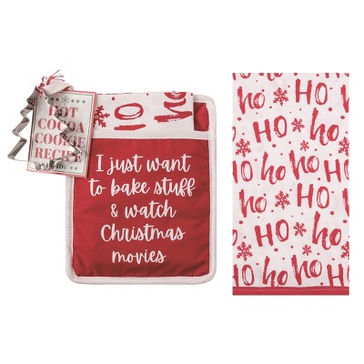 Transpac Cotton 10 in. Multicolor Christmas Bake Stuff Pot Holder Tea Towel Cookie Cutter Gift Set of 3