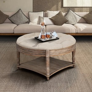31.5" Linen Upholstered Ottoman Coffee Table with Button Tufted Design and 2-Tier Wooden Shelf Storage with Waterproof Surface and Easy Assembly - 1 of 4