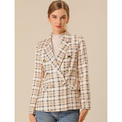 INSPIRE CHIC Women's Notched Lapel Double Breasted Plaid Formal Blazer Apricot X-Large — фото 2