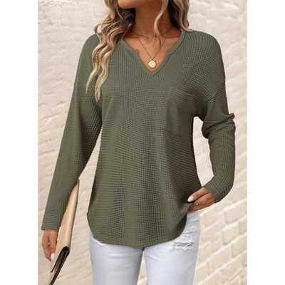 Women's V-Neck Long Sleeve Top Loose Fit Casual Shirt with Pocket Soft Breathable Fabric Comfortable Daily Wear Blouse