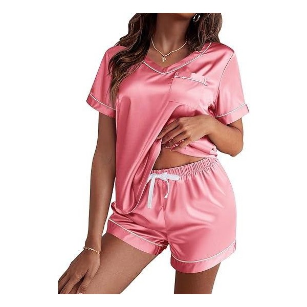 Pijama de seda para mujer, manga corta, satén, 2 piezas suave 6