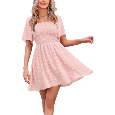 EXLURA Women's Summer Casual Square Neck Dresses Ruffle Short Sleeve Swiss Dot Flowy Mini Dress