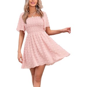 EXLURA Women's Summer Casual Square Neck Dresses Ruffle Short Sleeve Swiss Dot Flowy Mini Dress - 1 of 4