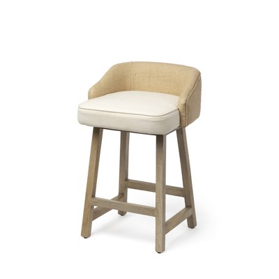 HomeRoots 24" Beige and Natural Solid Wood Fabric And Jute Low Back Counter Height Bar Chair