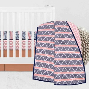 Bacati - Girls Triangles Coral Navy 3 pc Crib Bedding Set - 1 of 4