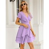 Womens Skater Dresses Sexy V Neck Short Sleeve Tie Waist Solid Ruffle Boho Flowy Swing Mini Dress - 3 of 4