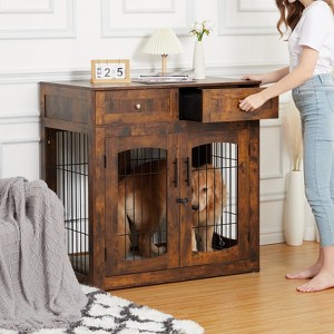 Dog Crate Furniture with 2 Drawers & 3 Doors – Indoor Dog Kennel TV Stand & Side Table - 1 of 4