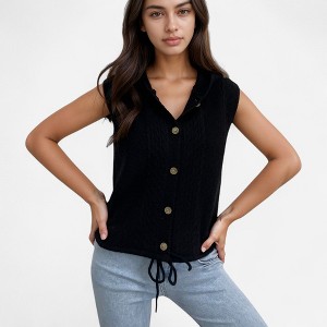 Anna-Kaci Women's Hooded Knit Button Down Vest with Drawstring Hem and Textured Cable Pattern - 1 of 4