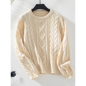 Coolmee Women's Casual Women Long Sleeve Sweater Fall Ribbed Knit Pullover Loose Crewneck Cable Sweater Jumper Tops - 1 of 4