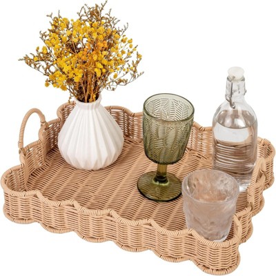Attop Scalloped Edge Rectangular Wicker Tray with Handles 15.75x11.5in Coffee Table Serving Tray Boho Entryway Decor