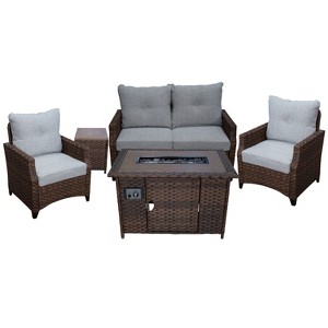 Courtyard Casual Costa Mesa 5 pc Loveseat Set - Brown One Sofa, Two Club Chairs, One End Table, & One Fire Pit  frame with solution dyed Poly fabric - 1 of 4