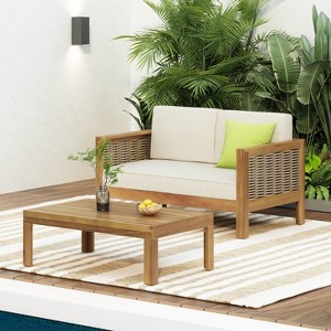 GDFStudio Allegra Outdoor Acacia Wood and Wicker Loveseat and Coffee Table Set with Cushions - 1 of 4