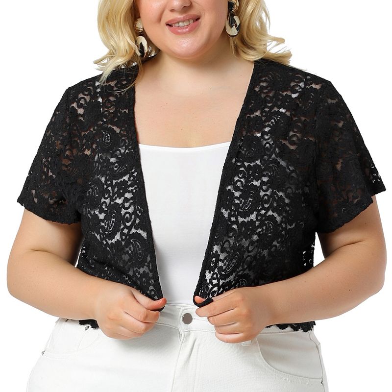 Agnes Orinda Women's Plus Size Lace Allover Spring Off Lightweight Short Sleeve Crop Shrugs, 1 of 7