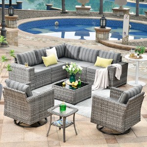 Marlton 9pc Wicker Outdoor Patio Furniture Set Conversation Sofa Sectional with Swivel Chairs and Cushions - 1 of 4
