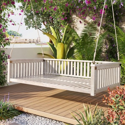 Twin Size Wood Hanging Porch Swing With Ropes,Safe Sloped Design Swing Bench,Outdoor Furniture - Maison Boucle