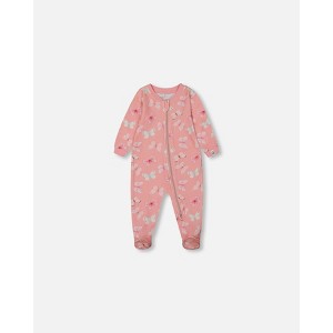 Deux par Deux Girl Printed Organic Cotton One-Piece Pajama Pink and Blue Butterflies on Old Pink - 1 of 3