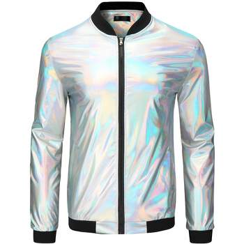 Lars Amadeus Men's Zip Up Long Sleeves Shiny Holographic Bomber Jacket