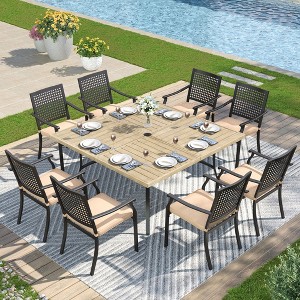 Captiva Designs 9pc Slat-top Square Metal Table with Umbrella Hole & Metal Stackable Chairs with Perforated Back - 1 of 4