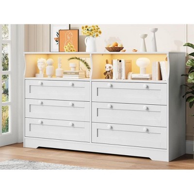 White Dresser for Bedroom Deep Drawers, Wide Wooden Bedroom Dressers with Power Outlet and Led Light