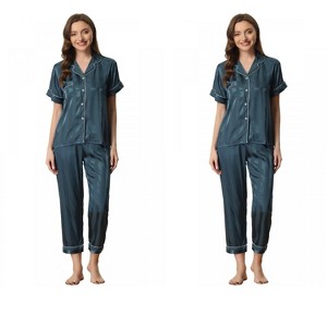 INSPIRE CHIC Women's 4 Pcs Satin Short-Sleeve Button-Up Sleepwear & Long-Pants Pajama Set - 1 of 4
