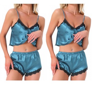 INSPIRE CHIC Women's 4 Pcs Loungewear Satin Lace Sleeveless Spaghetti-Strap Removable Pad Cami & Shorts Pajama Set - 1 of 4