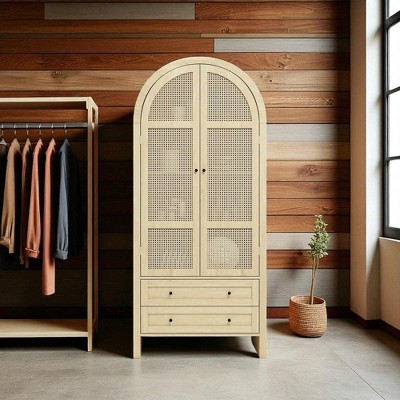 Kitchen Pantry Cabinet with Rattan Doors, 2 Drawers & Adjustable Shelves, Tall Freestanding Storage Display Cabinet for Dining Room or Kitchen