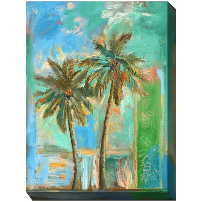 Cottage Garden West of The Wind Modern Palms Green, Blue, Red 30 x 40 Inch Waterproof Gallery Wrapped Canvas, Outdoor Garden, Yard, Patio All Weather