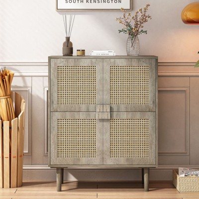 BEAFUP 4-Doors Rattan Mesh Storage Cabinet, Sideboard with Eight Storage Spaces, for Entryway, Living Room, Hallway