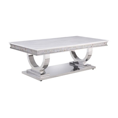 Contemporary Zander 54'' White Faux Marble Coffee Table with Silver Finish