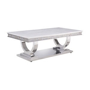 51" Zander Coffee Table White Printed Faux Marble/Mirrored Silver Finish - Acme Furniture: Stainless Steel Trestle Base, Rectangle Shape - 1 of 4