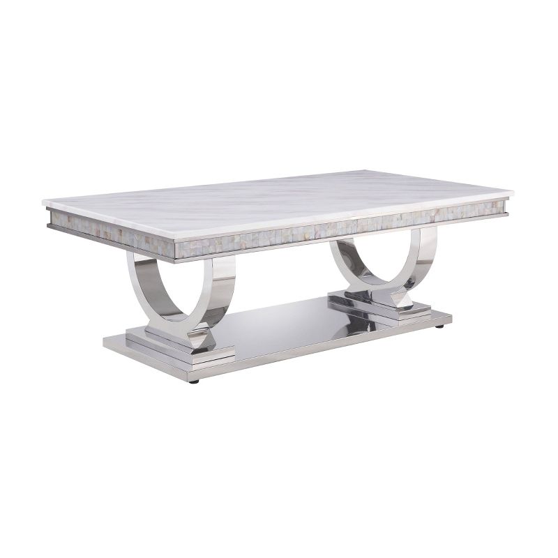 51&#34; Zander Coffee Table White Printed Faux Marble/Mirrored Silver Finish - Acme Furniture, 1 of 6