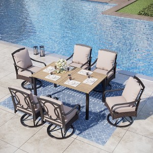 Captiva Designs 7pc Outdoor Brown Wood-look Rectangle Metal Dining Table & Rattan Metal Arm Chairs - 1 of 4
