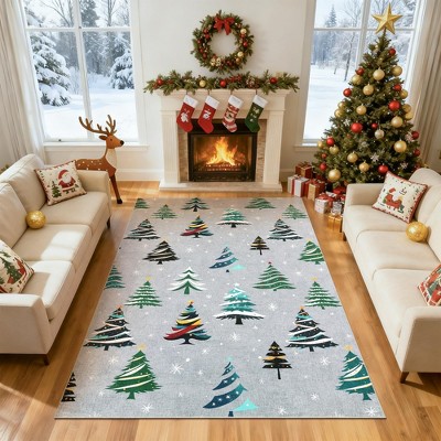 Christmas Area Rug, Xmas Tree Washable Soft Carpet with Non Slip Backing, Low Pile Stain Resistant Floor Mat for Living Room, Bedroom