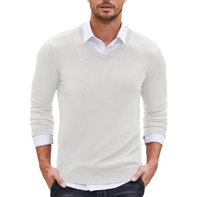 COOFANDY Men Casual V Neck Sweater Ribbed Knit Slim Fit Long Sleeve Pullover Top White