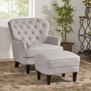 Light Gray Modern Fabric Club Fashion Upholstered Armchair and Matching Ottoman Set - 1 of 4