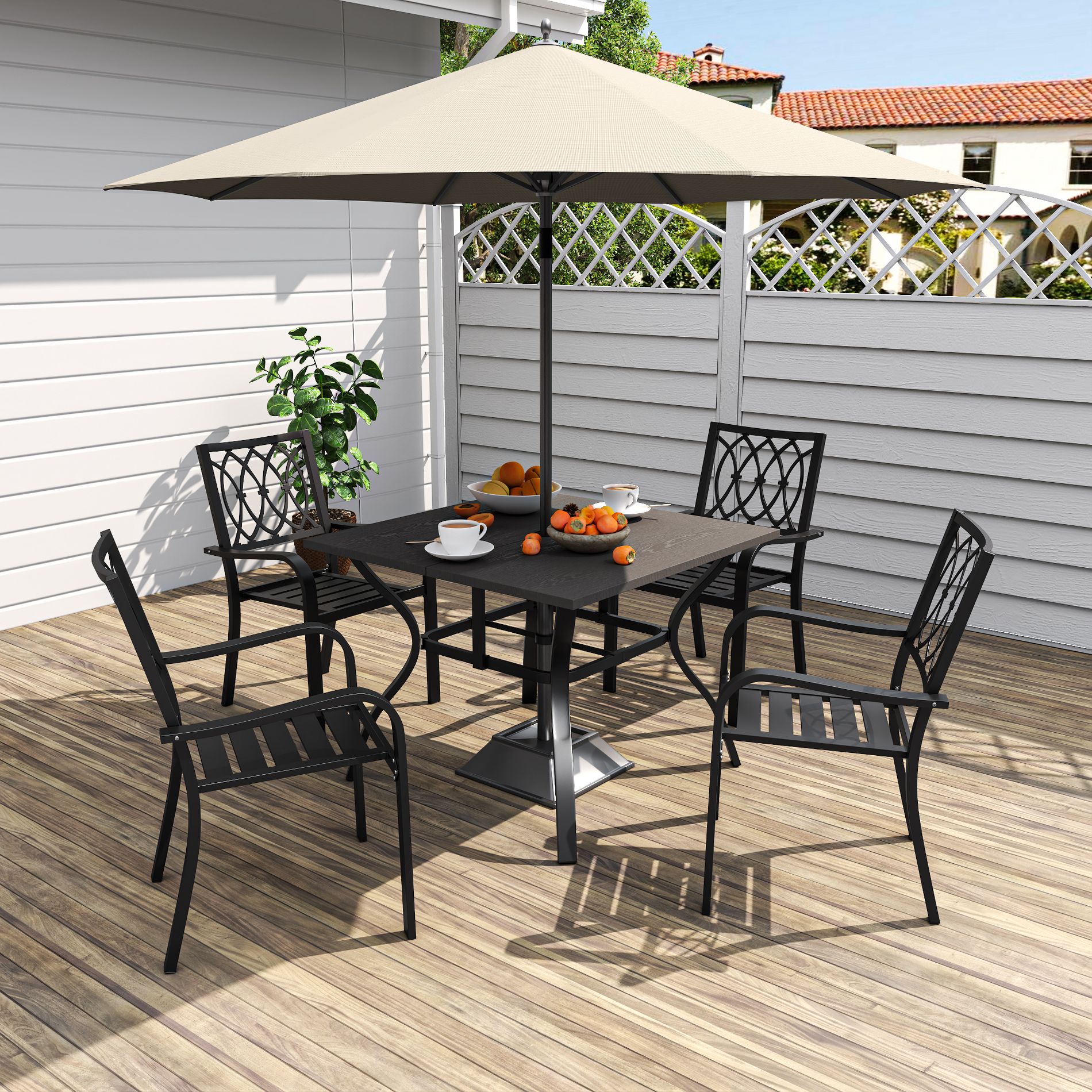 GDFStudio Elmstead Modern Square Metal Dining Table with Umbrella Hole, Natural/Black