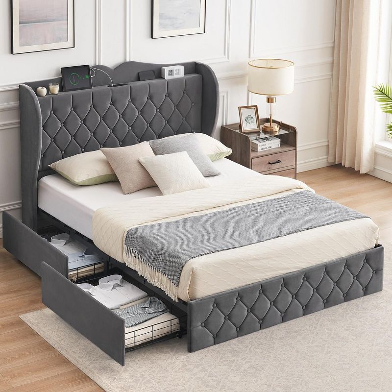 Full Queen Bed Frame with 4 Storage Drawers, Upholstered Platform Bed with Storage Headboard and Charging Station, Velvet Tufted & Wingback, Grey, 1 of 10