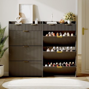 Modern White Shoe Cabinet with 3 Flip Drawers & 2 Small Drawers & Hook, Slim Fluted Shoe Storage Organizer, Narrow Entryway Cabinet - 1 of 4
