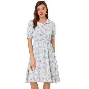 INSPIRE CHIC Women's Vintage Floral Peter Pan Collar High Waist Puff Sleeve A-line Midi Dress - 1 of 4