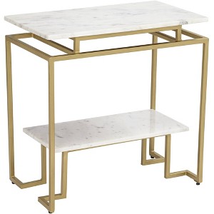 Coast to Coast Accents Modern Burnished Gold Rectangular Accent Table 24" x 14" White Marble Tabletop with Shelf for Living Room - 1 of 4