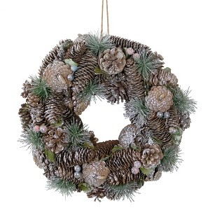 Northlight Glittered Pine Cones and Berries Artificial Christmas Wreath, 13-Inch, Unlit - 1 of 4